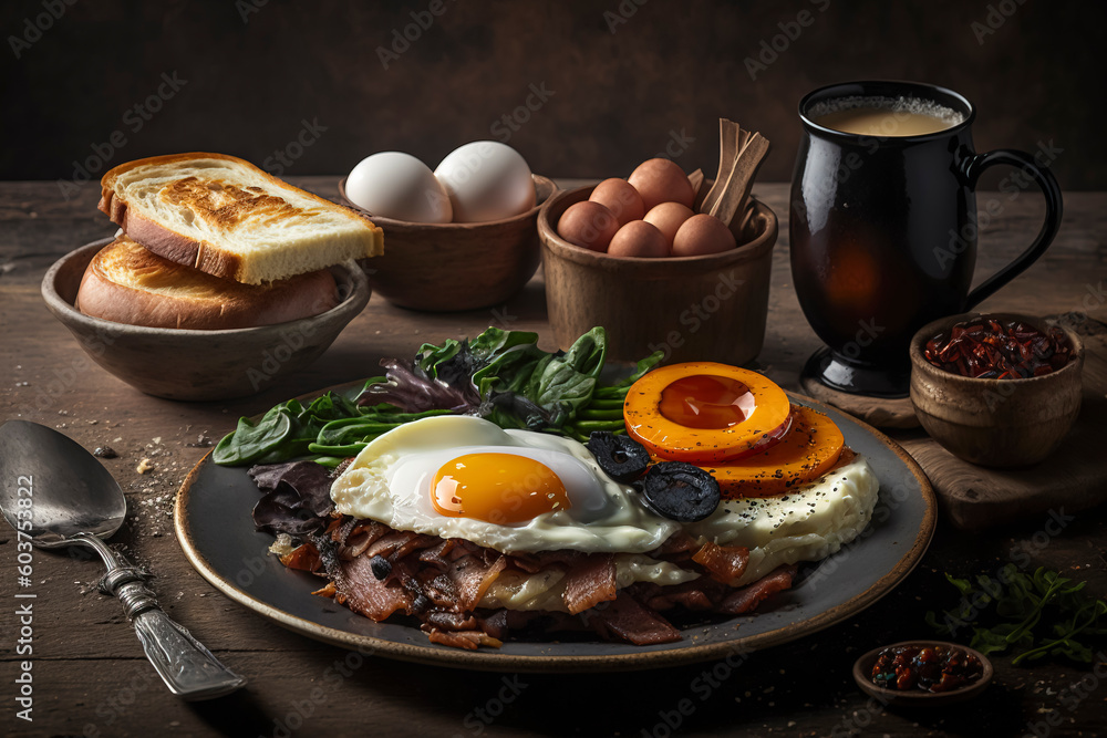 Rustic breakfast table with eggs and baconhealthy eating concept created with Generative AI technology