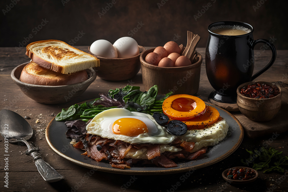 Rustic breakfast table with eggs and baconhealthy eating concept created with Generative AI technology Rustic breakfast table with eggs and baconhealthy eating concept created with Generative AI technology