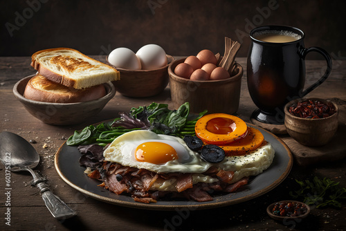 Rustic breakfast table with eggs and baconhealthy eating concept created with Generative AI technology