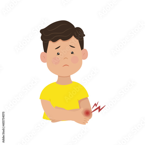 Pain in the ear, Boy holding his ear winced in pain, Vector illustration. Otitis ear infections in children.