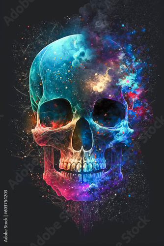 Astral Enigma: Kaleidoscopic Skull Awash in Cosmic Decor created with Generative AI technology