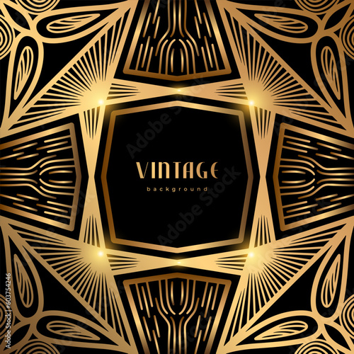 Luxury geometric linear template. Golden vintage frame. Art deco style gold background for banner, poster, cover. Retro line art with glitter, shine. Abstract minimalist gatsby style pattern