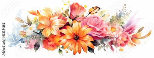 A colorful banner featuring a vibrant bouquet of flowers, including roses, lilies, daisies, and tulips, arranged in an elegant and artistic composition. Generative AI