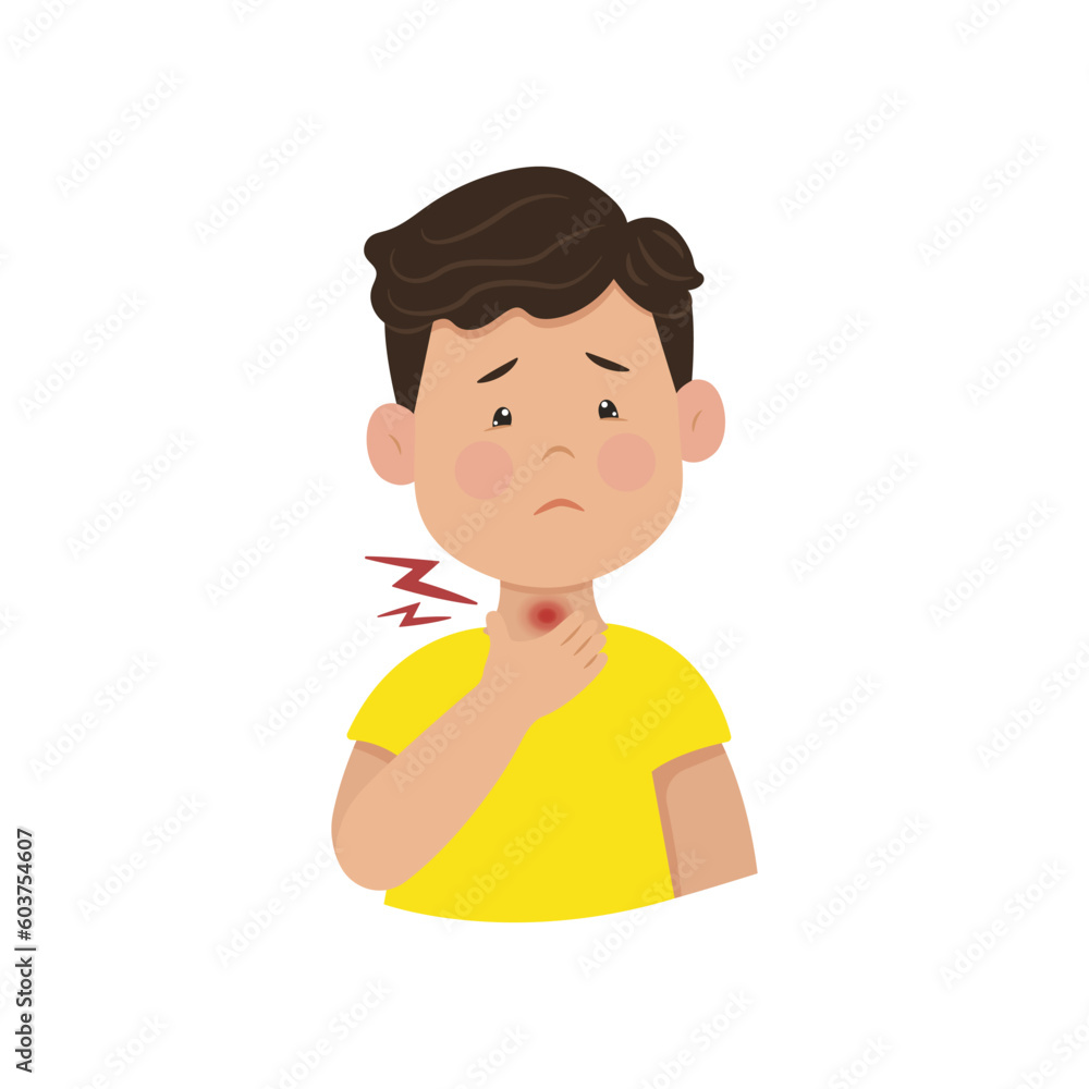 Child has a sore throat, The sad boy holds his neck. Sore throat, inflammation. Vector illustration. Kid infections.