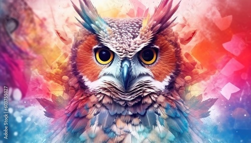 A colorful, double-exposed, abstract owl portrait. (Generative AI)