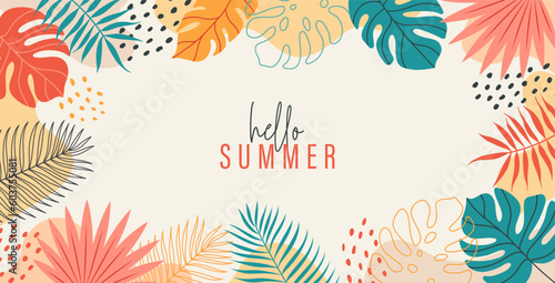 Summer abstract background, banner, poster with tropical leaves. Jungle exotic leaves. Modern trendy colorful design. Vector template for social media posts.