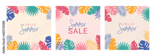 Set of Summer colorful abstract backgrounds, banners, posters with tropical leaves. Jungle exotic leaves. Modern trendy design. Vector templates for social media posts.