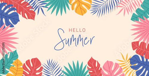 Summer abstract background, banner, poster with tropical leaves. Jungle exotic leaves. Modern trendy colorful design. Vector template for social media posts.