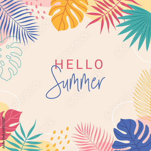 Summer abstract background with tropical leaves. Jungle exotic leaves. Modern trendy colorful design. Vector template for greeting cards, posters, banners.