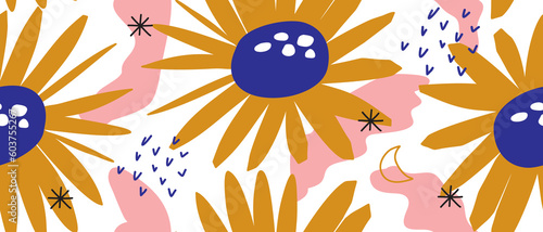 Hand Drawn Irregular Floral Seamless Vector Pattern. Big Sunflowers Isolated on a White Background. Simple Abstract Garden Repeatable Design. Floral Endless Print ideal for Fabric, Wrapping Paper.