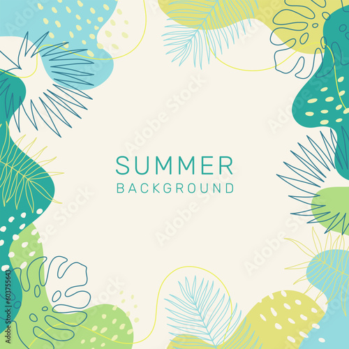 Summer background with tropical palm leaves. Jungle and beach theme. Modern trendy minimal colorful design. Vector template for card, cover, poster, social media, banner.