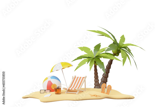 Summer elements 3d icon clipart island isolated on white background, Minimal Realistic objects for mock-up with summer theme, beach umbrella, sand, inflatable ring, vacation time to travel.