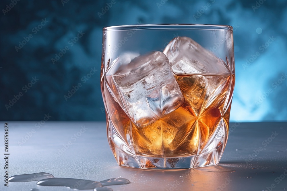 Glass of strong alcohol drink with ice cubes on a blue background. Generative AI.