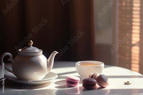 Tea pot, cup of tea and macaroons on a white table in morning sunlight. Breakfast concept. Generative AI.