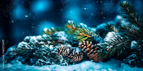 Snowy spruce branch with fir cones on christmas background. AI Generated © YuliiaMazurkevych