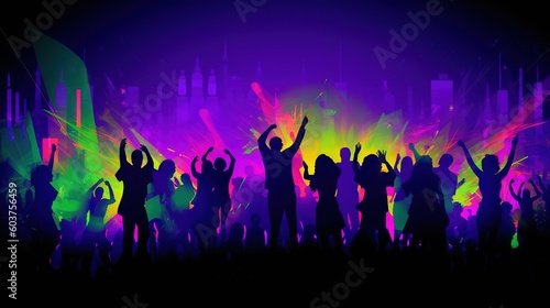  silhouettes of people dancing in a nightclub with colored lights and smoke in the backround of the image, with a black background of a cityscape.  generative ai