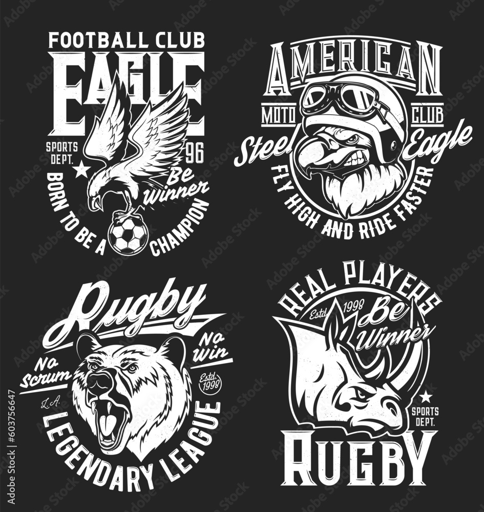 Bear, rhino and eagle mascots and t-shirt prints for sport club, vector badges. Rugby players and football soccer league team or moto bikers club t-shirt prints with mascot bear, rhinoceros and eagle