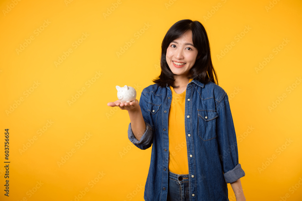 portrait cheerful young asian woman wearing yellow t-shirt denim shirt with happy smile holding piggybank save investment money isolated on yellow background. economy finance business wealth concept. portrait cheerful young asian woman wearing yellow t-shirt denim shirt with happy smile holding piggybank save investment money isolated on yellow background. economy finance business wealth concept.