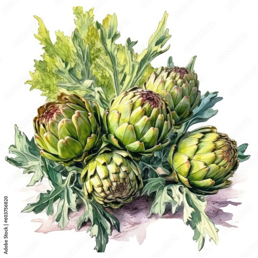 Artichokes in watercolor style with ink outline on white background (generative AI) Artichokes in watercolor style with ink outline on white background (generative AI)