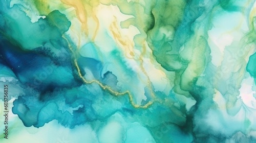 The background is an abstract watercolor in teal and green. (Generative AI)
