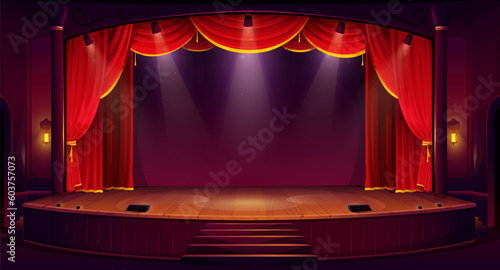 Cartoon theater stage with red curtains, spotlights, and wooden floor. Vector theatre interior, empty scene with luxury velvet drapes and decoration. Music hall, opera, drama performance background