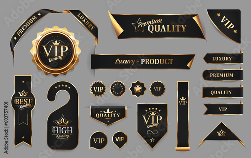 Golden luxury labels and banners. Vector premium quality badges, ribbons, curly corners, tags and vip product gold emblems or sticker seals with stars and crowns on glossy silky surface isolated set photo