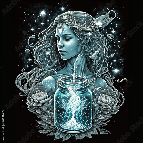 Aquarius Goddess with water jug.  Zodiac Illustration. Generative AI.  photo