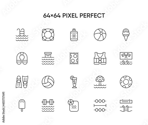 Set of 20 minimal summer icons for hot weather activities including sunglasses, beach and pool items, watermelon, flip flops, popsicle and sand pail
