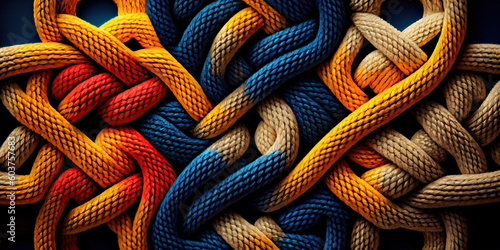 bright colored ropes twisted into intricate knots. Generative AI