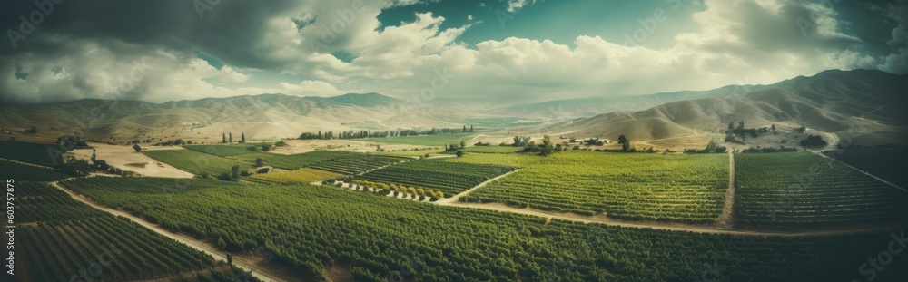 Aerial View of Vineyard in Valley with Clouds. Generative AI