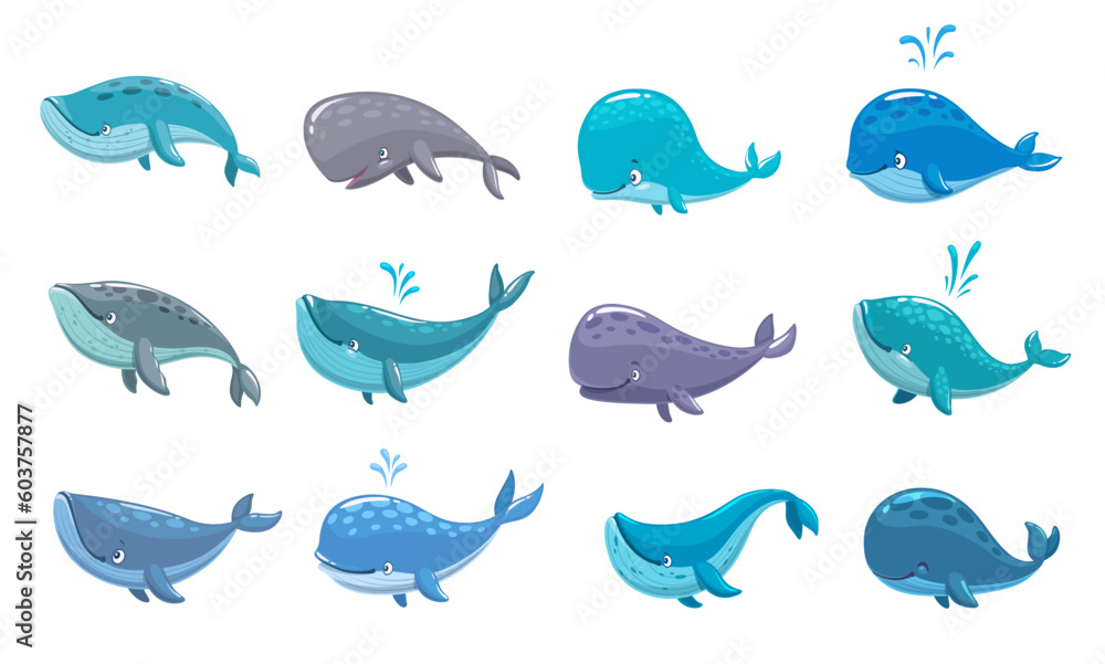 Cartoon whale characters. Isolated vector sea animals, ocean mammal creatures with water fountains. Friendly aquatic, sperm and bowhead whale personage for game design. Biodiversity, nature wildlife Cartoon whale characters. Isolated vector sea animals, ocean mammal creatures with water fountains. Friendly aquatic, sperm and bowhead whale personage for game design. Biodiversity, nature wildlife