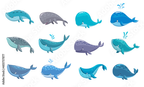 Cartoon whale characters. Isolated vector sea animals, ocean mammal creatures with water fountains. Friendly aquatic, sperm and bowhead whale personage for game design. Biodiversity, nature wildlife