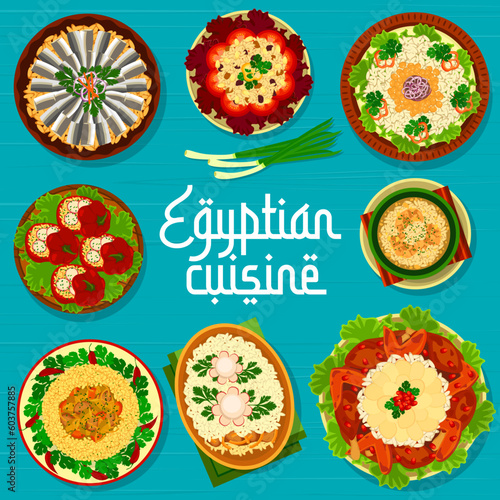 Egyptian cuisine restaurant menu cover, Egypt food dishes and meals, vector poster. Egyptian cuisine traditional lunch and dinner soup, pilaf rice and couscous with lamb or chicken, lentils and tomato