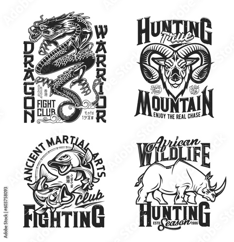 Dragon, rhino, goat and fish sport club mascots and t-shirt prints, apparel vector template. African wild animals, mythical beast and carp fish monochrome typography mockup for hunting and fight sport