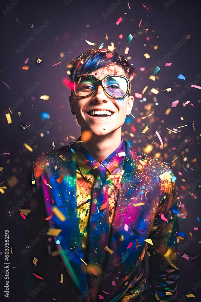 Studio photo of young man with long hair, lgtb rainbow shirt, with streamers and holi powder floating around him, on dark background. Party concept, rainbow celebration, lgtbi, gay.AI generated image Studio photo of young man with long hair, lgtb rainbow shirt, with streamers and holi powder floating around him, on dark background. Party concept, rainbow celebration, lgtbi, gay.AI generated image
