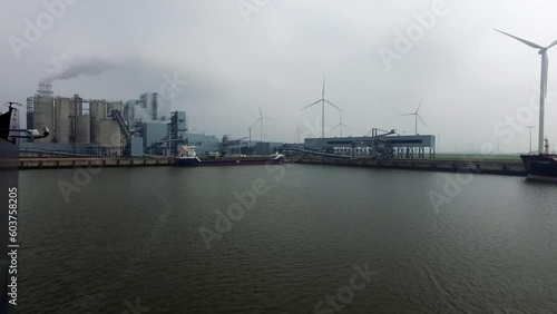Power Plant and aeolians in Eemshaven port, Netherlands, shot from cruise ship