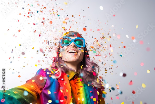 Studio shot of young man wearing glasses and lgtb rainbow t-shirt and outfit, with streamers floating around him, on light background. Party concept,celebration, lgtbi, gay,.AI generated image
