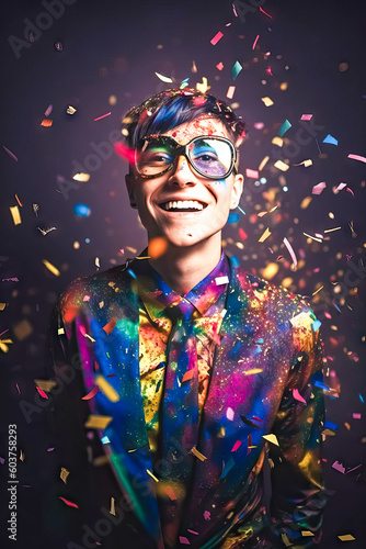 Studio photo of young man with long hair, lgtb rainbow shirt, with streamers and holi powder floating around him, on dark background. Party concept, rainbow celebration, lgtbi, gay.AI generated image
