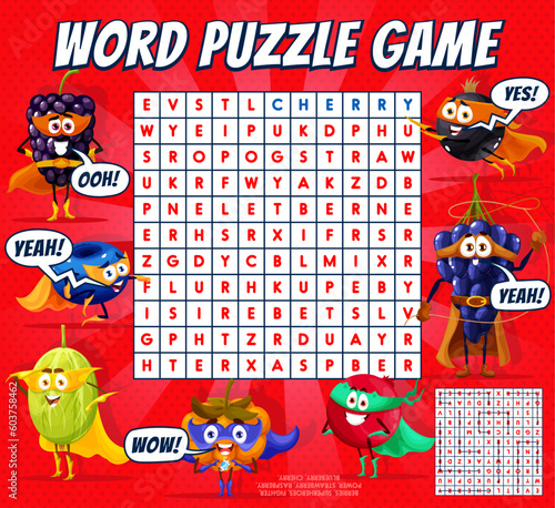 Cartoon superhero berry characters. Word search puzzle game. Vector fighters with superpowers. Kids worksheet. Smiling strawberry , cranberry, gooseberry, raspberry, blueberry and cherry personages