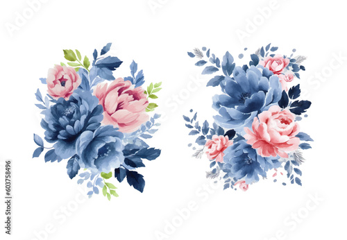 Watercolor navy blue and pink flowers set, vintage vector flowers collection.