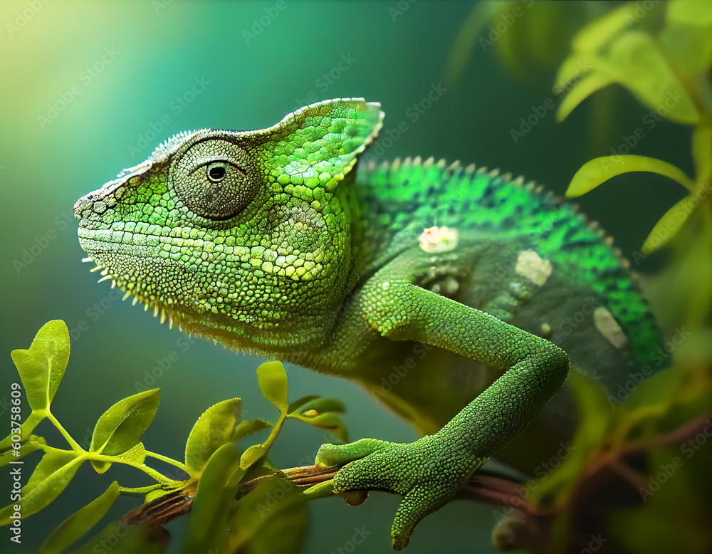 Fototapeta premium Green chameleon close up with forest background.Generative Ai.