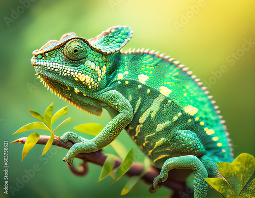 Green chameleon close up with forest background.Generative Ai. © Inlovehem