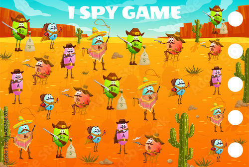 Wild west I spy game worksheet, vitamin cowboy, sheriff, ranger and bandit characters, vector quiz. Cartoon vitamins as Texas cowboy with horse and lasso, kids puzzle riddle to find two same