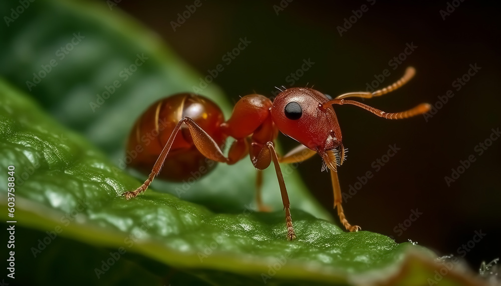 Close-up ant on green leaf,Marco ant in the tropical forest.Generative AI. Close-up ant on green leaf,Marco ant in the tropical forest.Generative AI.