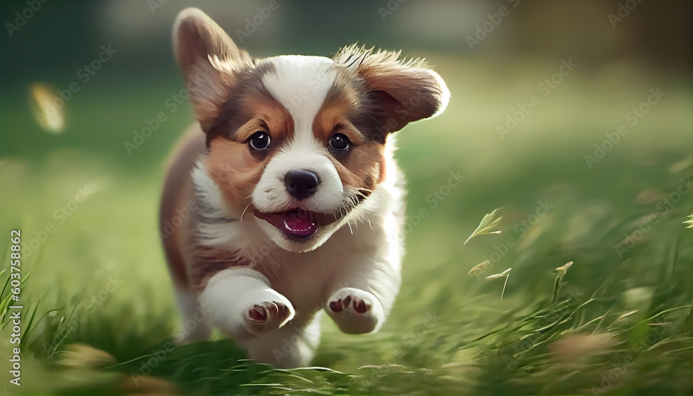 Cute dog running on the green grass.Generative Ai. Cute dog running on the green grass.Generative Ai.