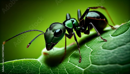 Close-up ant on green leaf,Marco ant in the tropical forest.Generative AI.