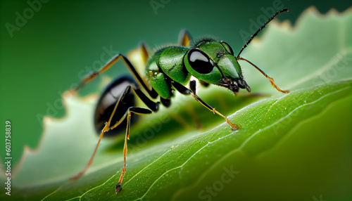 Close-up ant on green leaf,Marco ant in the tropical forest.Generative AI. © Inlovehem