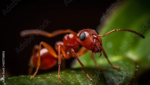 Close-up ant on green leaf,Marco ant in the tropical forest.Generative AI. © Inlovehem