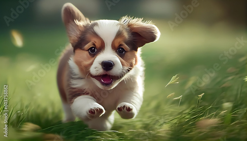 Cute dog running on the green grass.Generative Ai. © Inlovehem