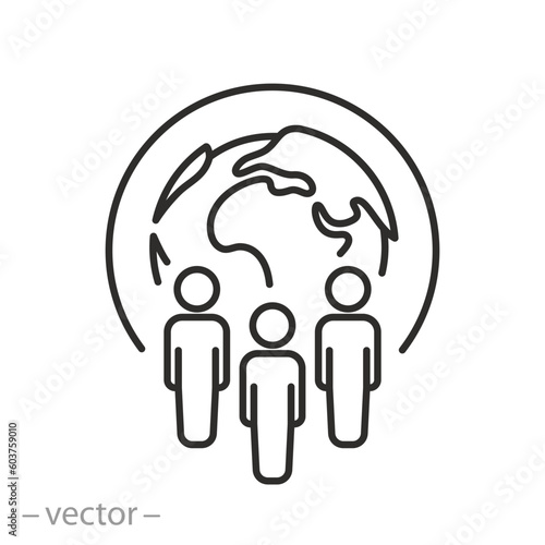 people group with globe icon, community of different nationalities, world coalition, thin line symbol on white background - editable stroke vector illustration eps10
